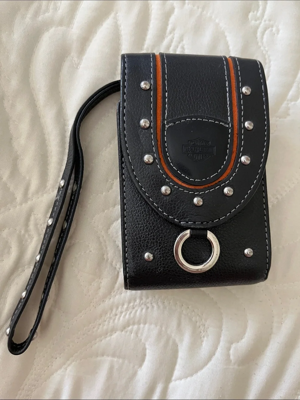 Harley-Davidson Black and Orange Leather Wristlet Pouch